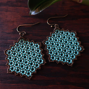 Temple Tree Hexagon Mandala Earrings - Aqua and Bronze - Large