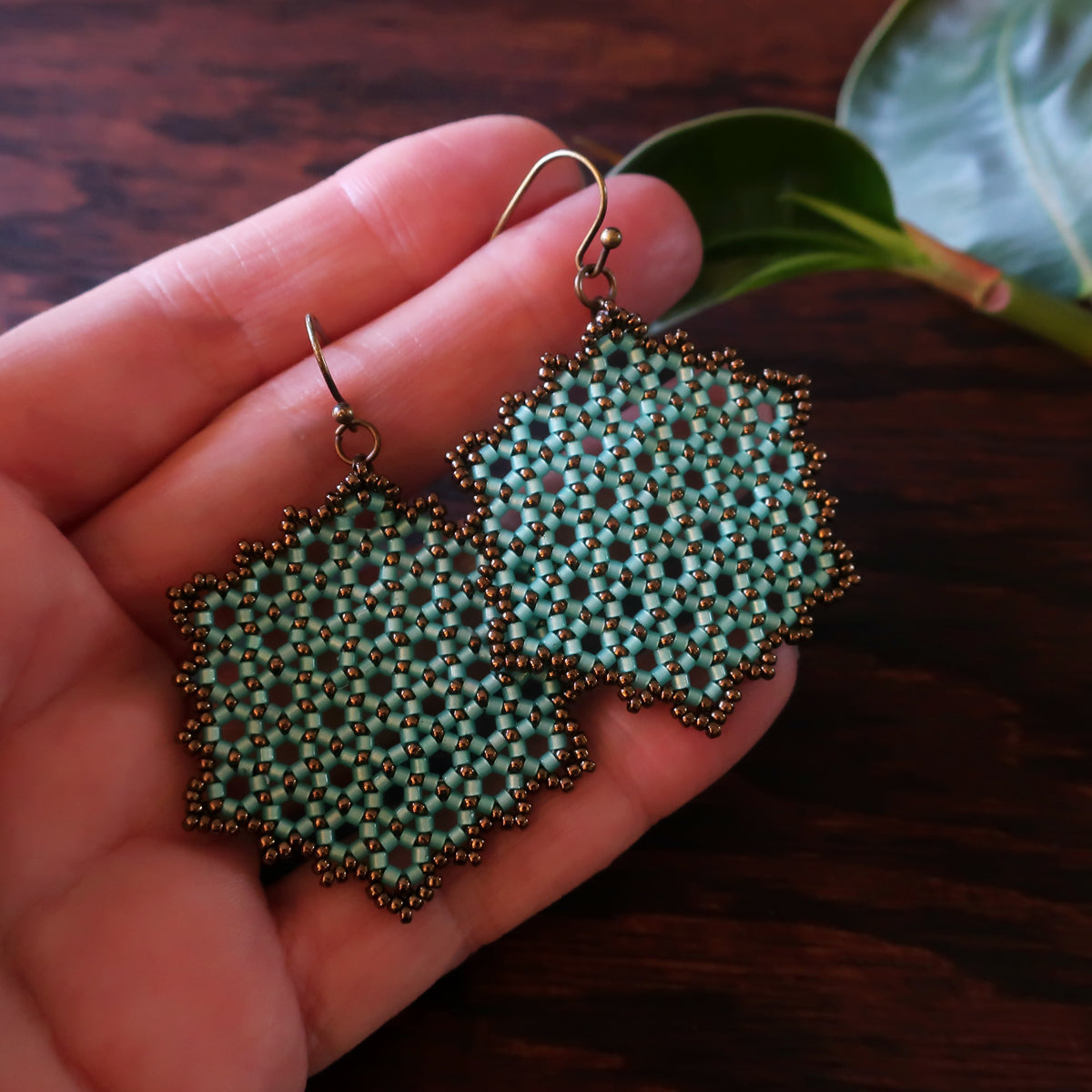 Temple Tree Hexagon Mandala Earrings - Aqua and Bronze - Large