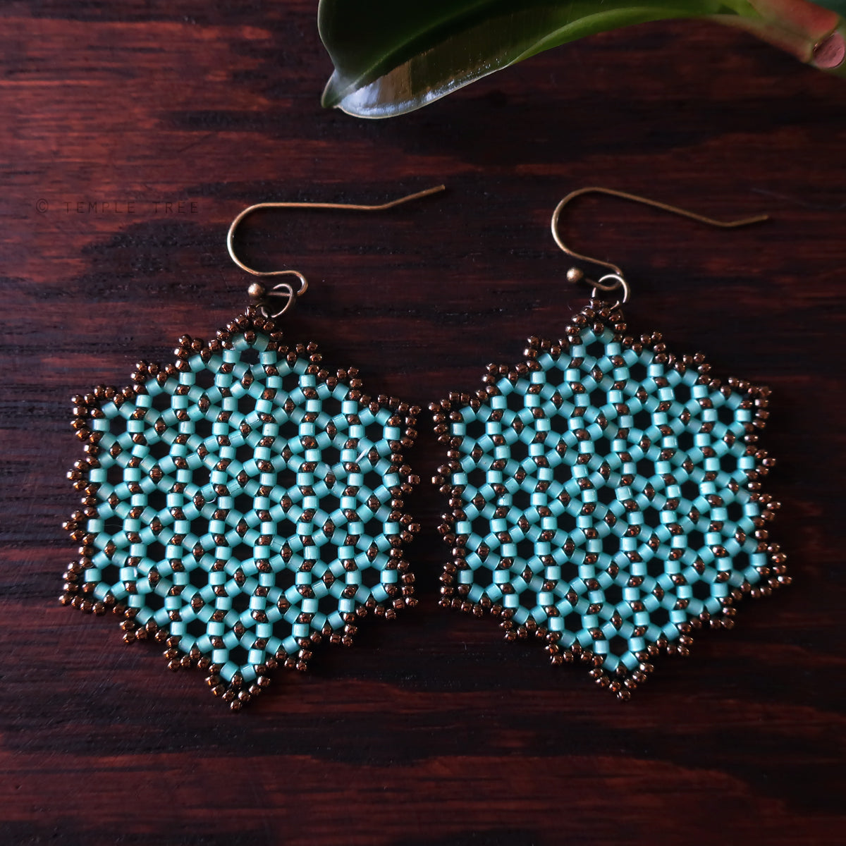 Temple Tree Hexagon Mandala Earrings - Aqua and Bronze - Large