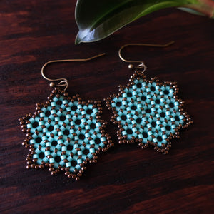 Temple Tree Hexagon Mandala Earrings - Aqua and Bronze - Medium