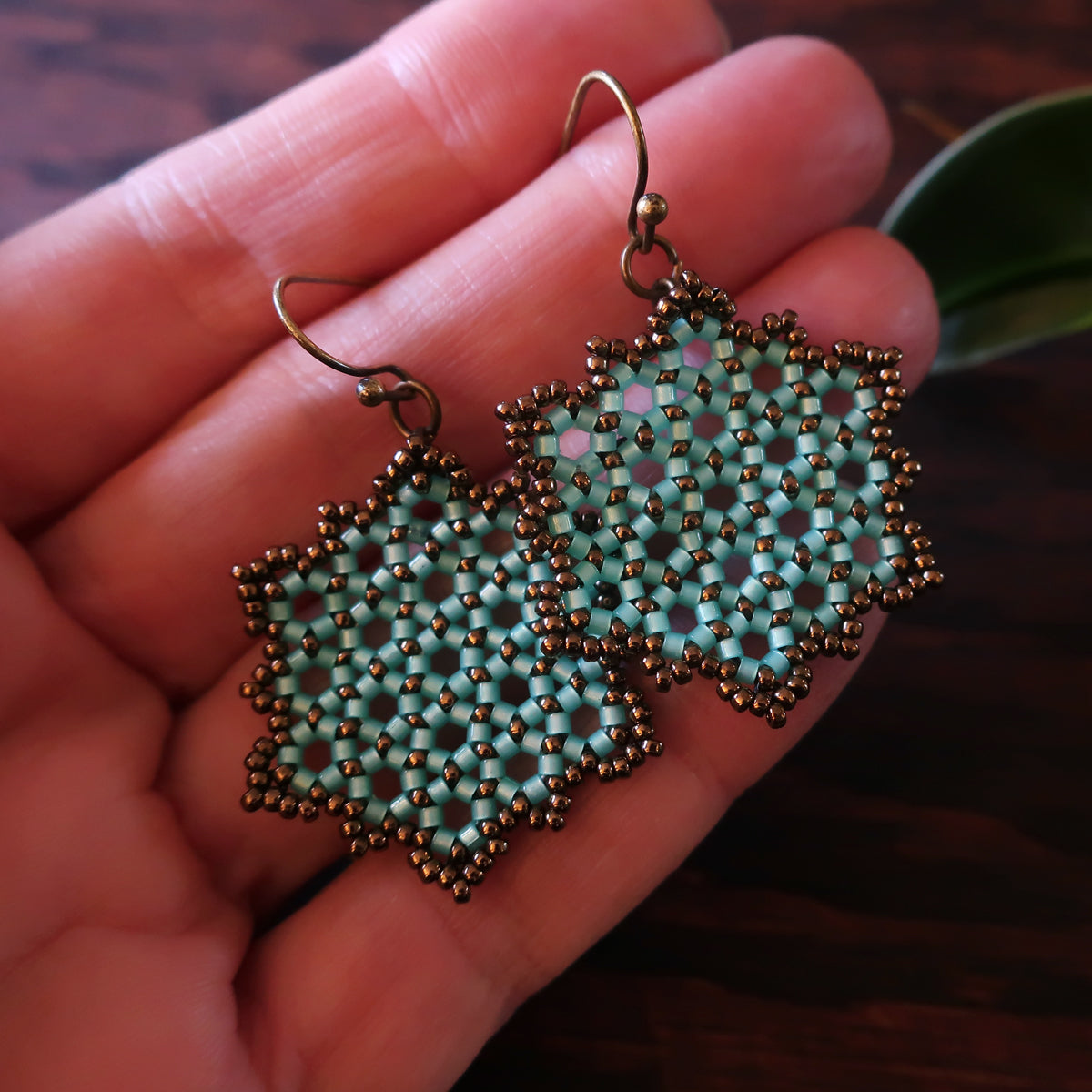 Temple Tree Hexagon Mandala Earrings - Aqua and Bronze - Medium