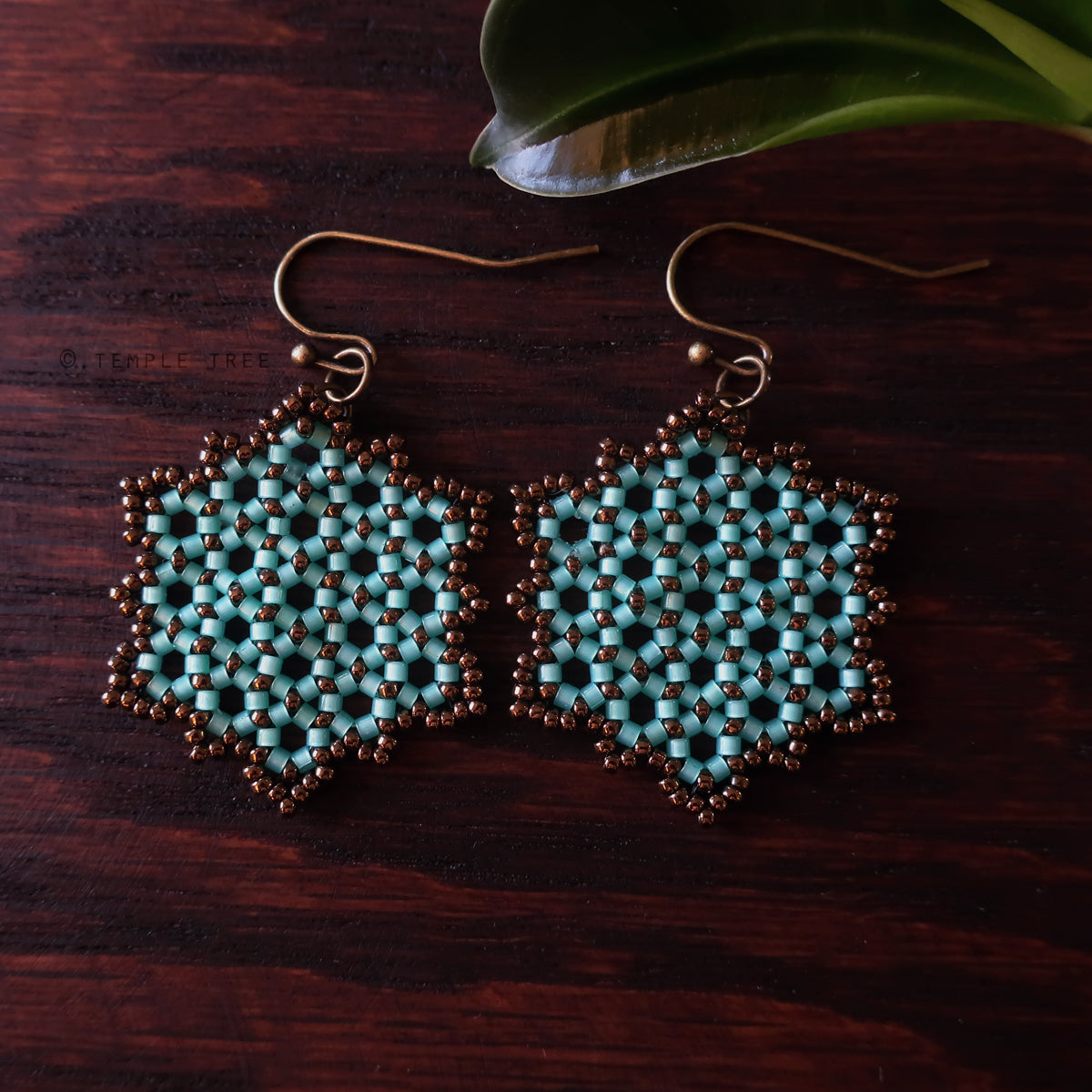 Temple Tree Hexagon Mandala Earrings - Aqua and Bronze - Medium