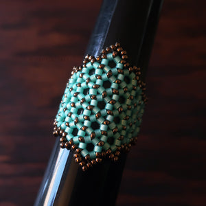 Temple Tree Hexagon Mandala Beaded Ring - Aqua and Bronze