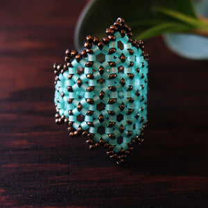 Temple Tree Hexagon Mandala Beaded Ring - Aqua and Bronze