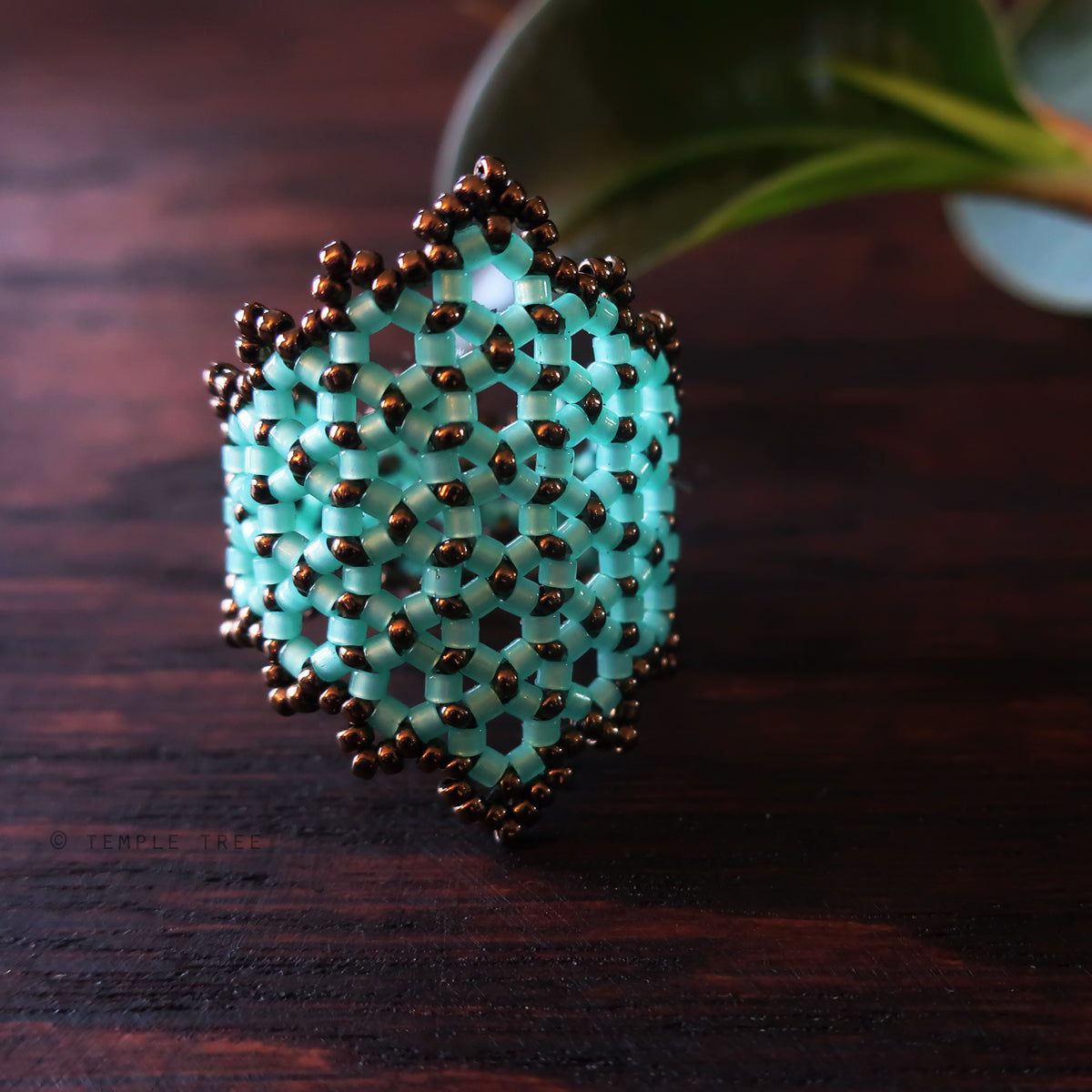 Temple Tree Hexagon Mandala Beaded Ring - Aqua and Bronze