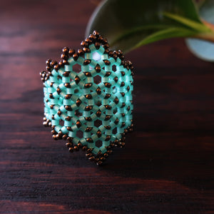 Temple Tree Hexagon Mandala Beaded Ring - Aqua and Bronze