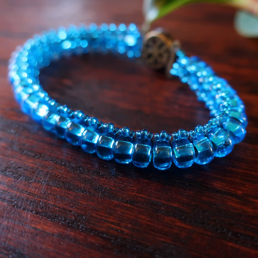 Temple Tree Bohemian Glass Bead Caterpillar Weave Bracelet - Aqua Blue