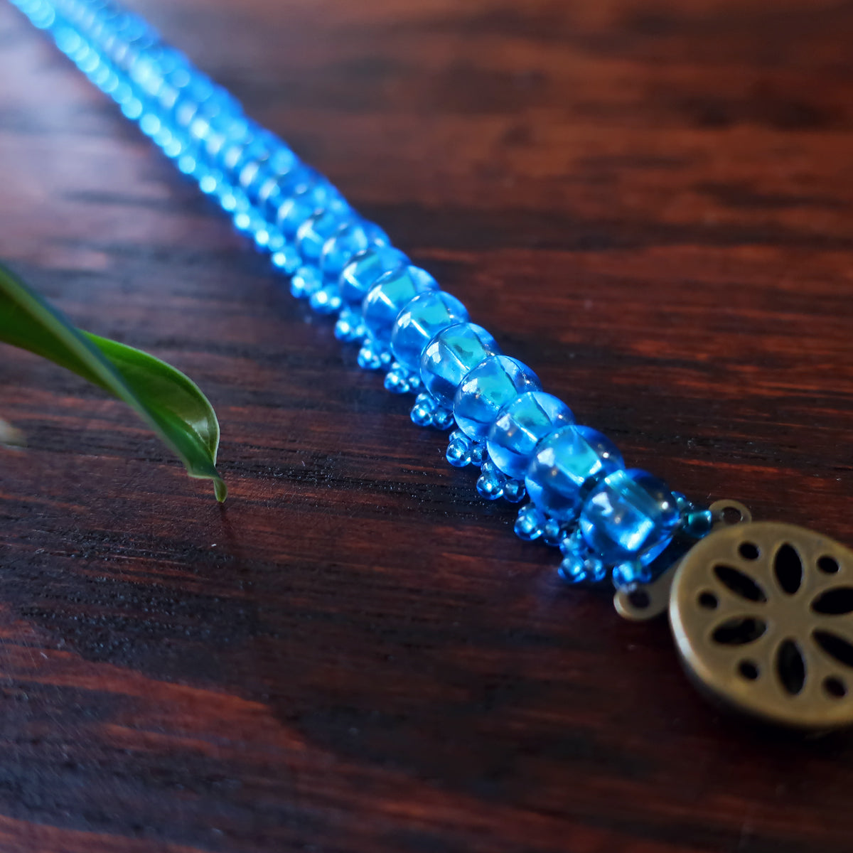 Temple Tree Bohemian Glass Bead Caterpillar Weave Bracelet - Aqua Blue