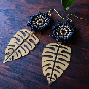 Temple Tree Dharma Wheel Earrings with Monstera - Black and Gold
