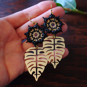Temple Tree Dharma Wheel Earrings with Monstera - Black and Gold
