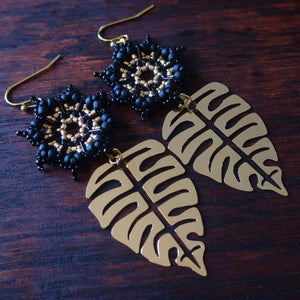 Temple Tree Dharma Wheel Earrings with Monstera - Black and Gold