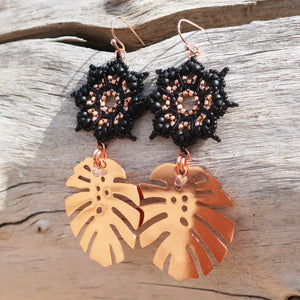 Temple Tree Dharma Wheel Earrings with Monstera - Black and Rose Gold