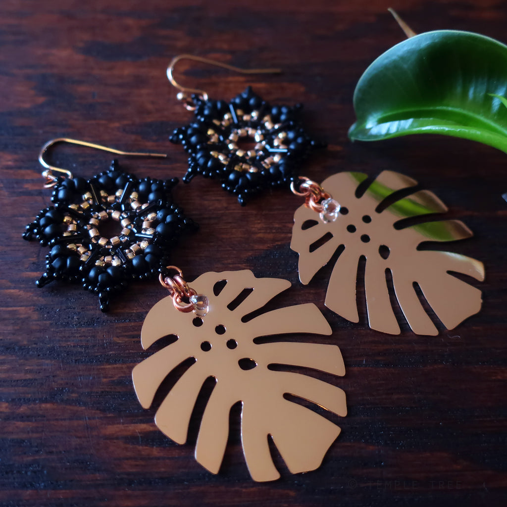 Temple Tree Dharma Wheel Earrings with Monstera - Black and Rose Gold
