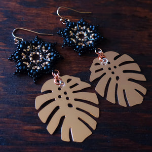 Temple Tree Dharma Wheel Earrings with Monstera - Black and Rose Gold