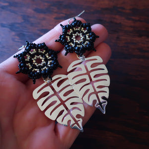 Temple Tree Dharma Wheel Earrings with Monstera - Black and Silver