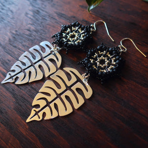 Temple Tree Dharma Wheel Earrings with Monstera - Black and Silver