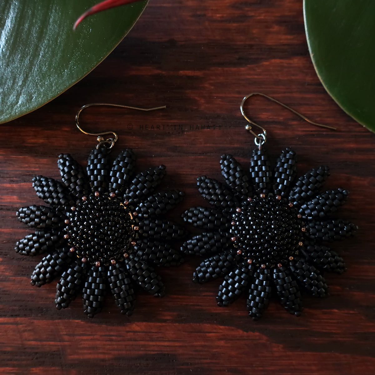 Heart in Hawaii Persephone Collection Beaded Sunflower Earrings - Matte Black