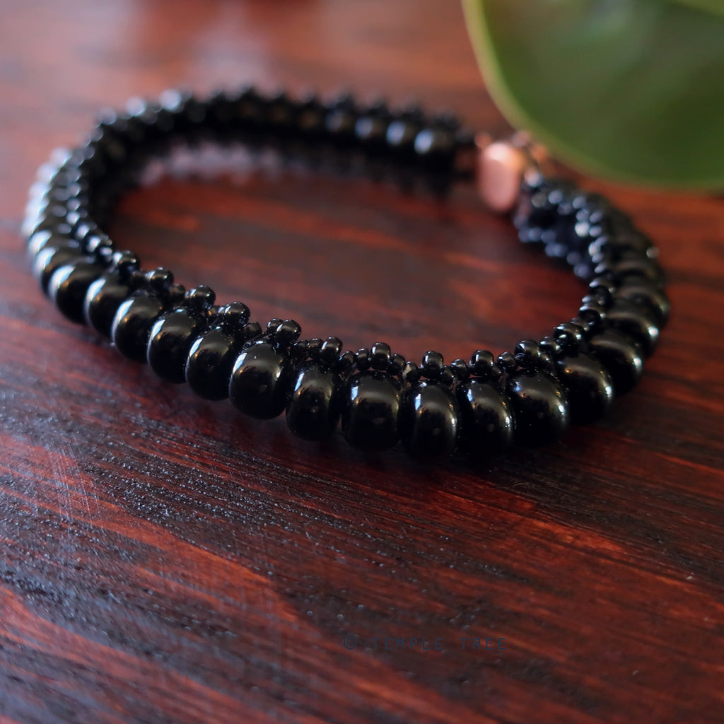 Temple Tree Bohemian Glass Bead Caterpillar Weave Bracelet - Black