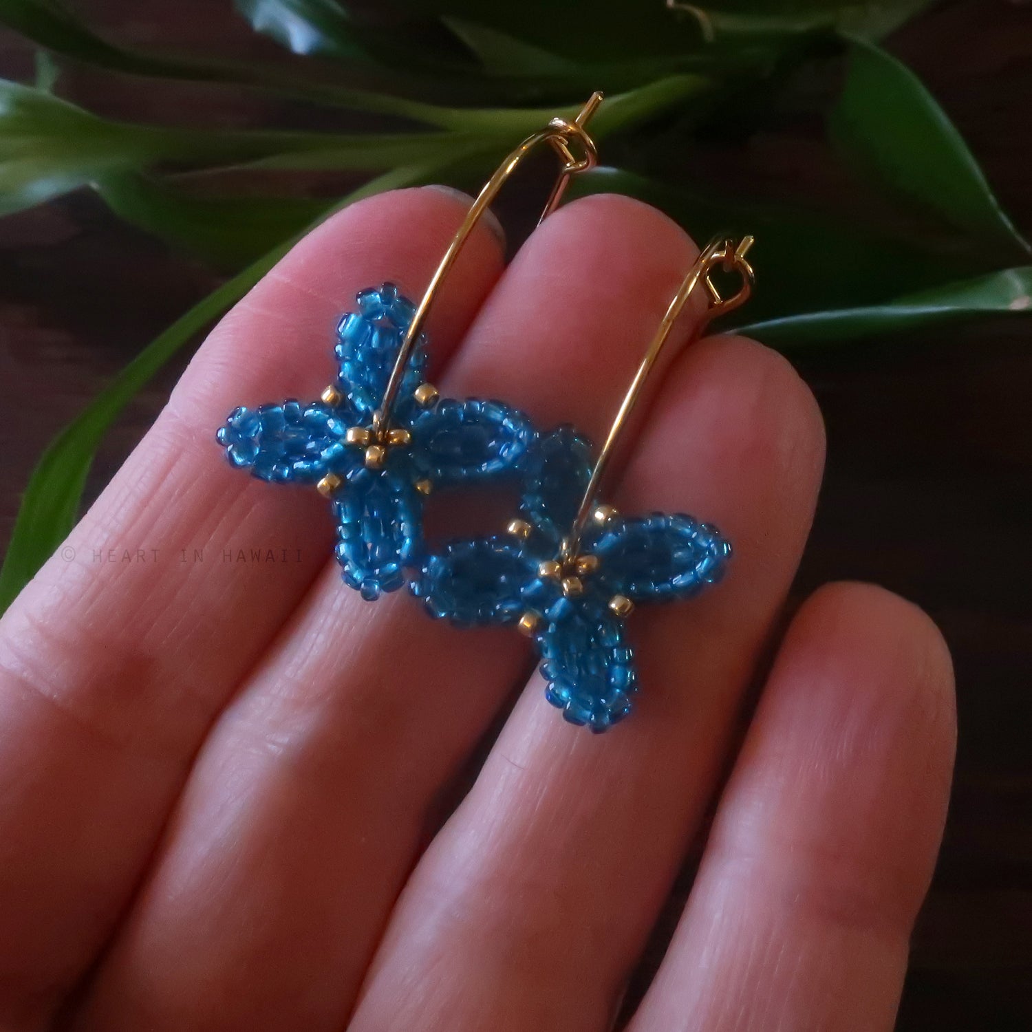 Heart in Hawaii Beaded Quatrefoil Hoops Dangles or Posts - Blue