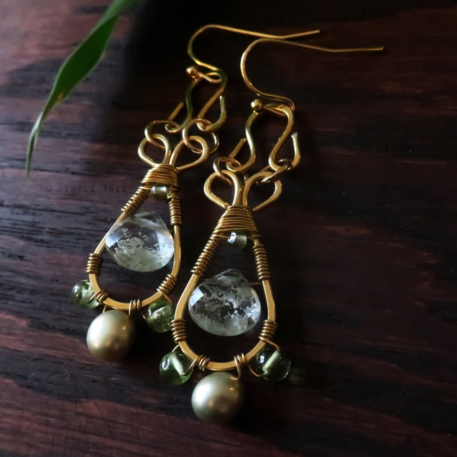 Temple Tree Pendulum Dangle Earrings in Yellow Brass - Fluorite and Peridot