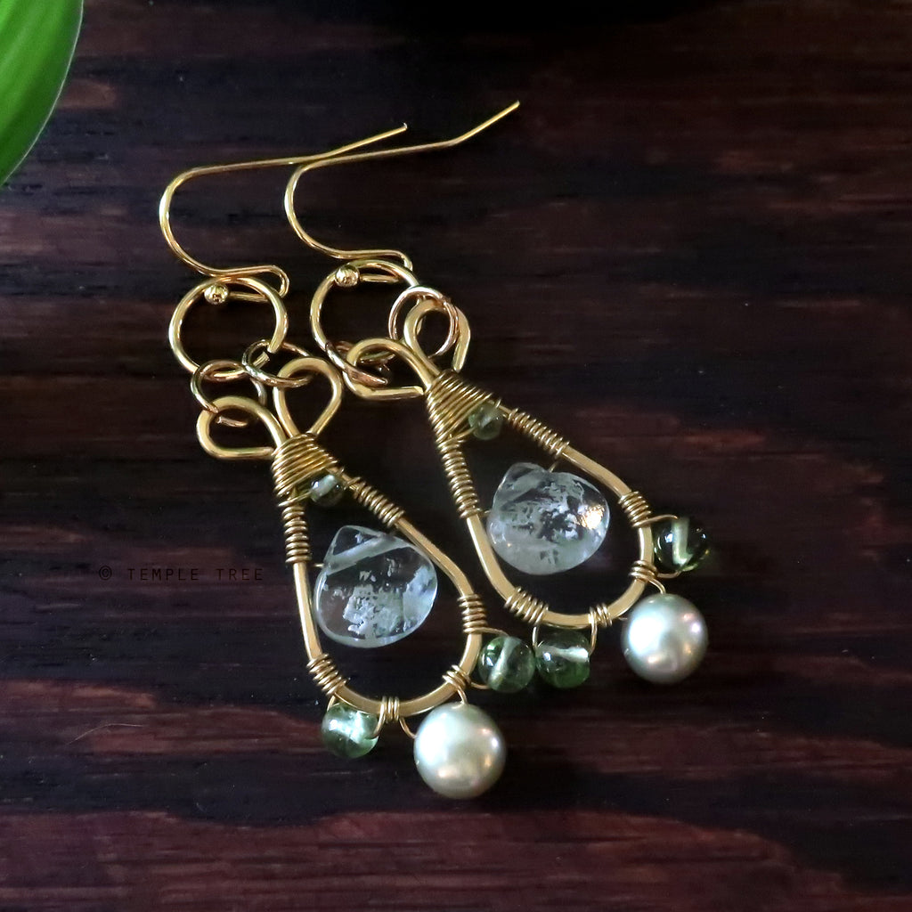 Temple Tree Pendulum Dangle Earrings in Yellow Brass - Fluorite and Peridot