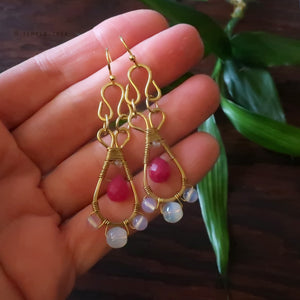 Temple Tree Pendulum Dangle Earrings in Yellow Brass - Pink Glass and Opalite