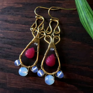 Temple Tree Pendulum Dangle Earrings in Yellow Brass - Pink Glass and Opalite