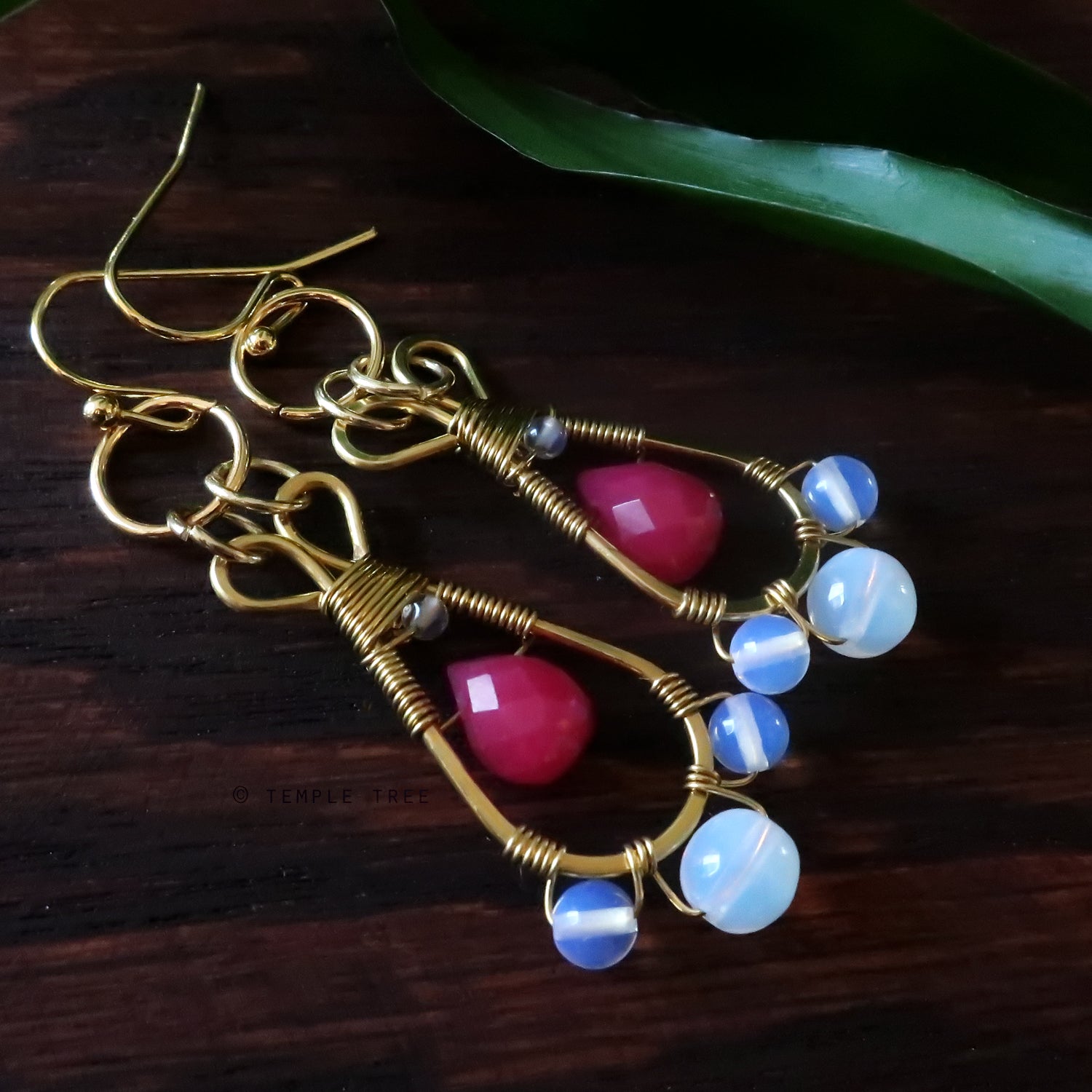 Temple Tree Pendulum Dangle Earrings in Yellow Brass - Pink Glass and Opalite