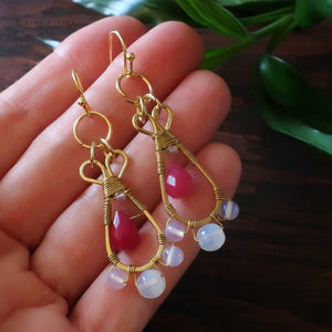 Temple Tree Pendulum Dangle Earrings in Yellow Brass - Pink Glass and Opalite