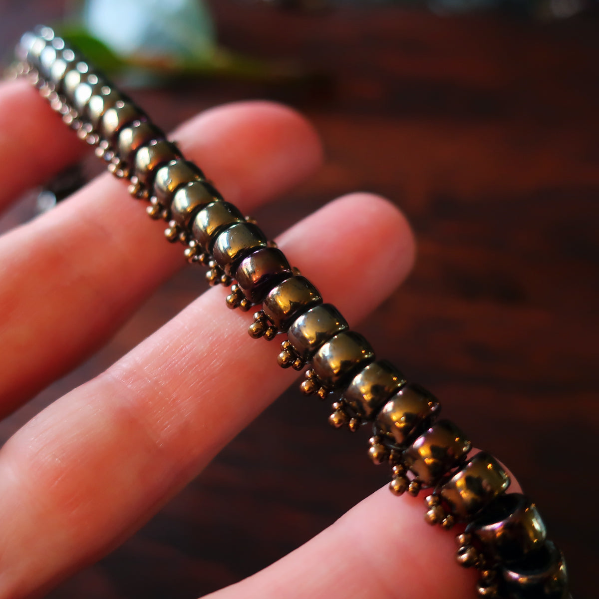 Temple Tree Bohemian Glass Bead Caterpillar Weave Bracelet - Bronze