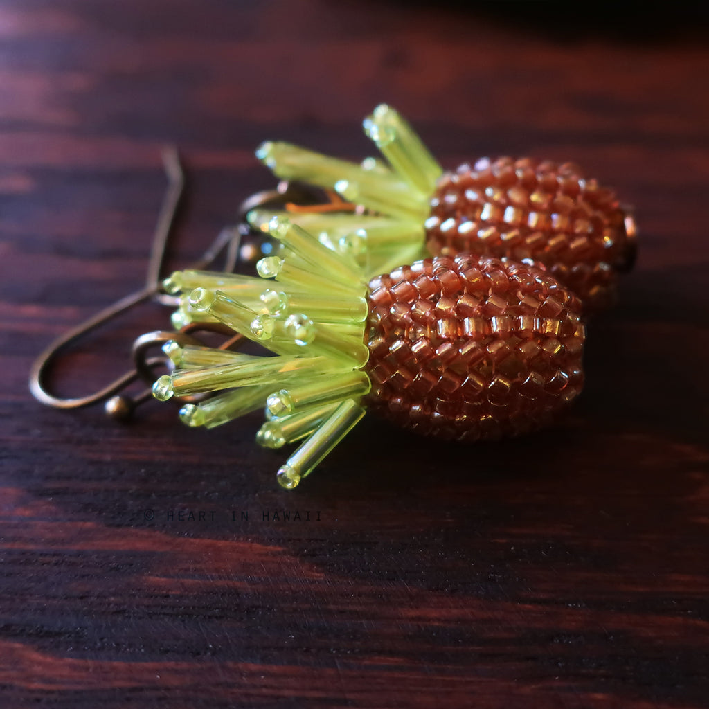 Heart in Hawaii Tiny Beaded Pineapple Earrings - Bronze