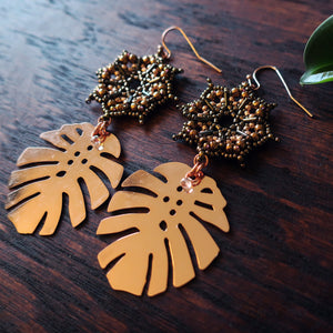 Temple Tree Dharma Wheel Earrings with Monstera - Bronze and Rose Gold