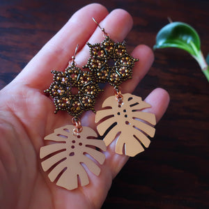 Temple Tree Dharma Wheel Earrings with Monstera - Bronze and Rose Gold