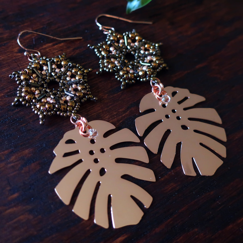 Temple Tree Dharma Wheel Earrings with Monstera - Bronze and Rose Gold