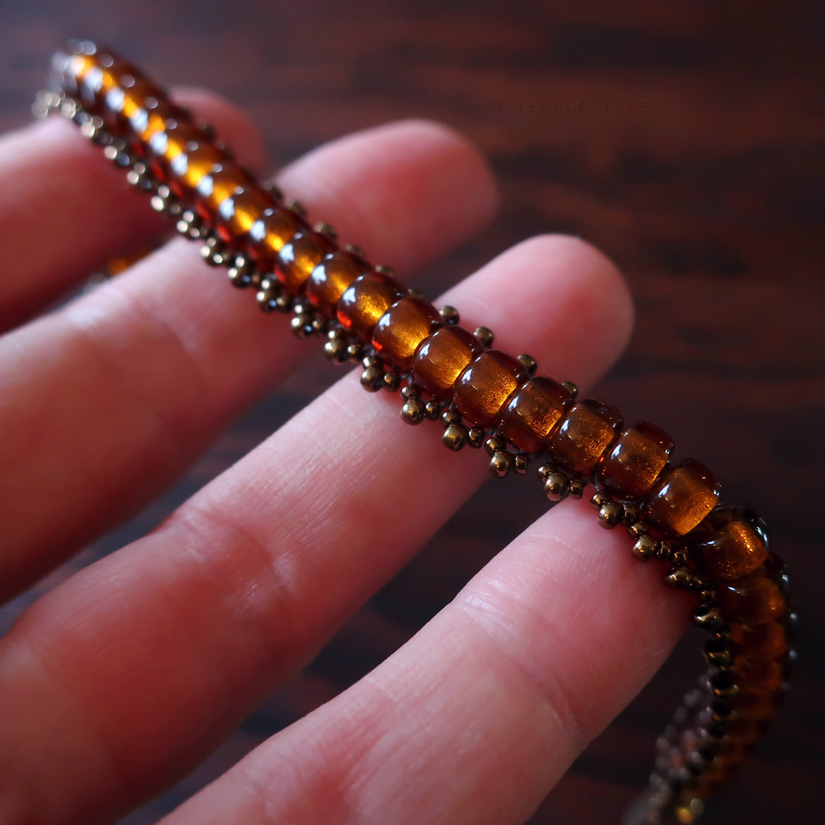 Temple Tree Boho Glass Bead Caterpillar Weave Bracelet - Brown and Bronze