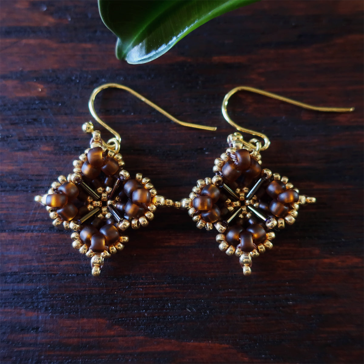 Temple Tree Quatrefoil Mandala Beaded Earrings - Matte Brown and Gold