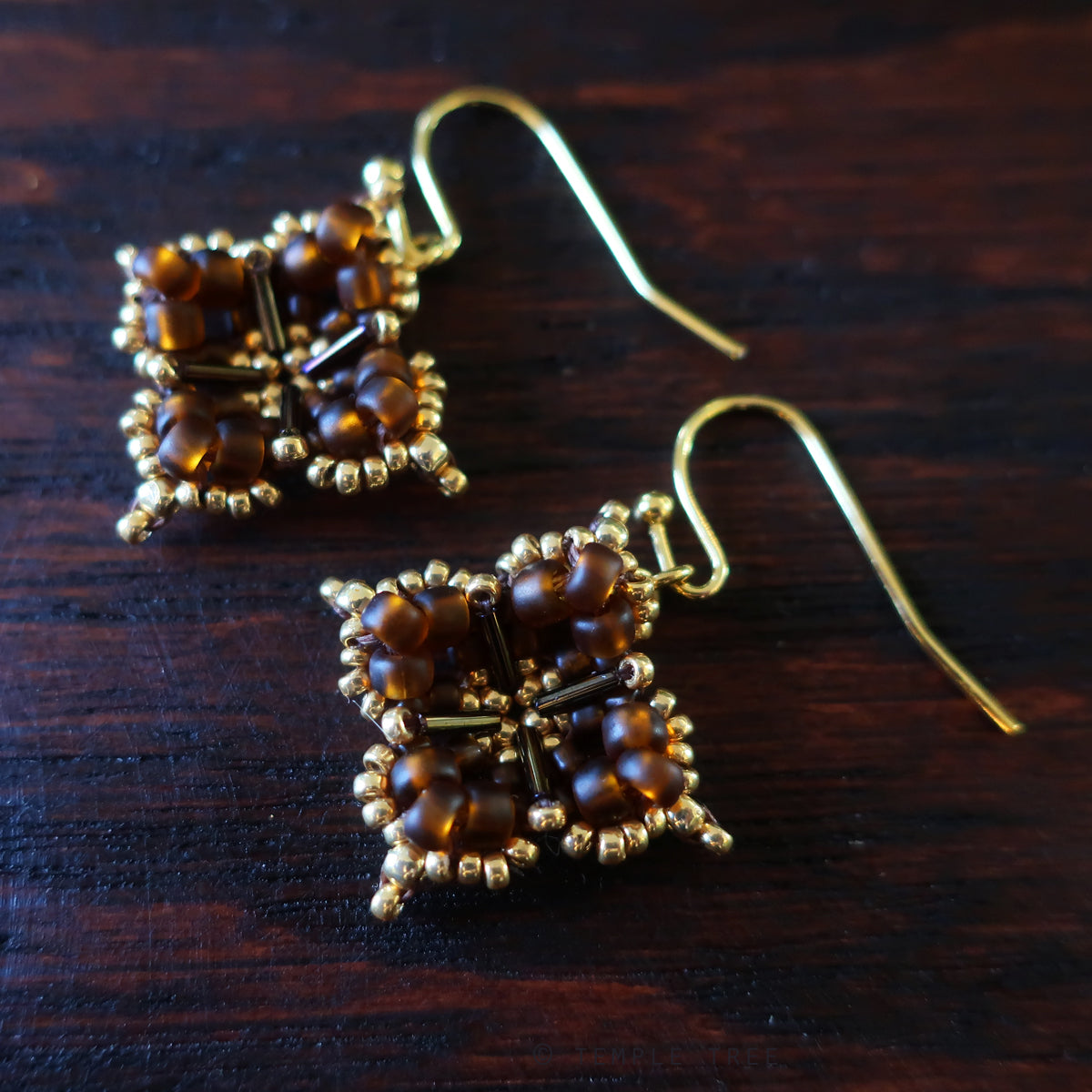 Temple Tree Quatrefoil Mandala Beaded Earrings - Matte Brown and Gold