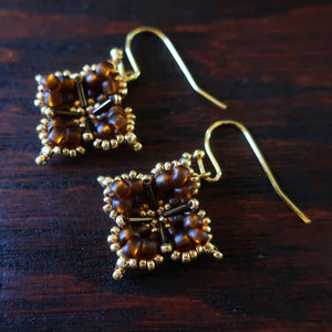 Temple Tree Quatrefoil Mandala Beaded Earrings - Matte Brown and Gold