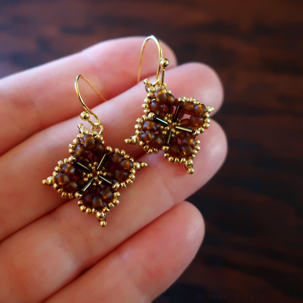 Temple Tree Quatrefoil Mandala Beaded Earrings - Matte Brown and Gold