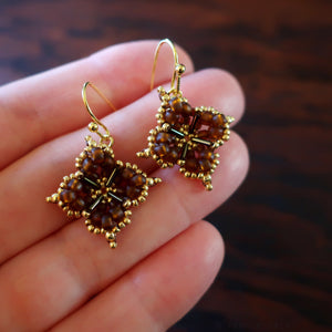 Temple Tree Quatrefoil Mandala Beaded Earrings - Matte Brown and Gold
