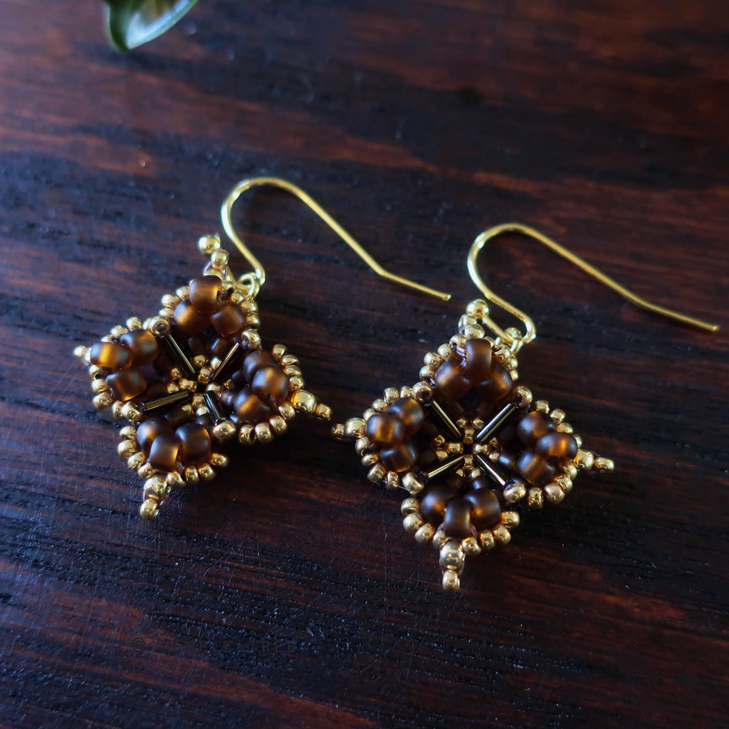 Temple Tree Quatrefoil Mandala Beaded Earrings - Matte Brown and Gold