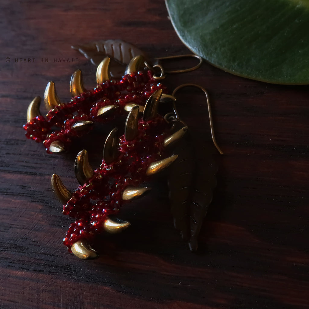 Heart in Hawaii Beaded Heliconia Earrings - Dark Red with Bronze