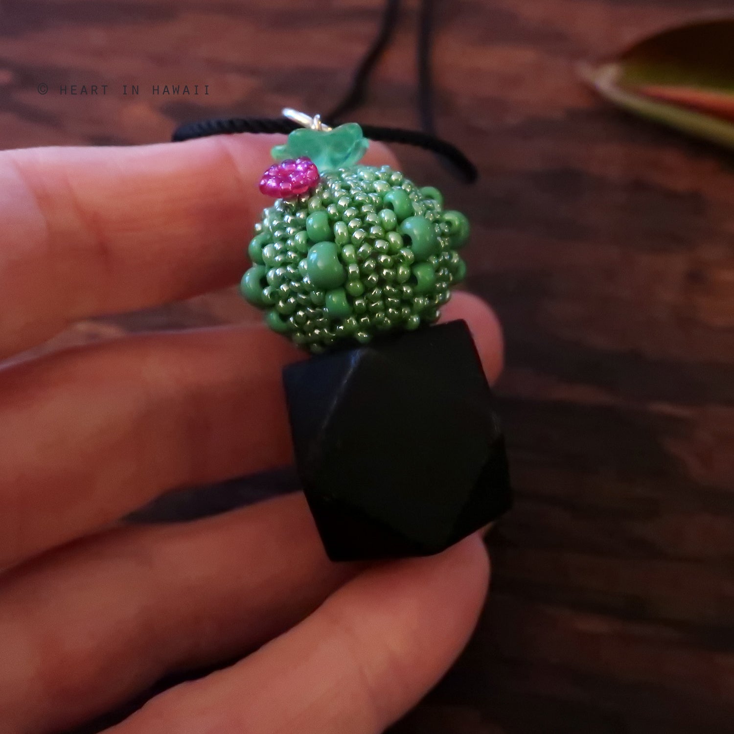 Heart in Hawaii Flowering Cactus in Geometric Planter Pendant