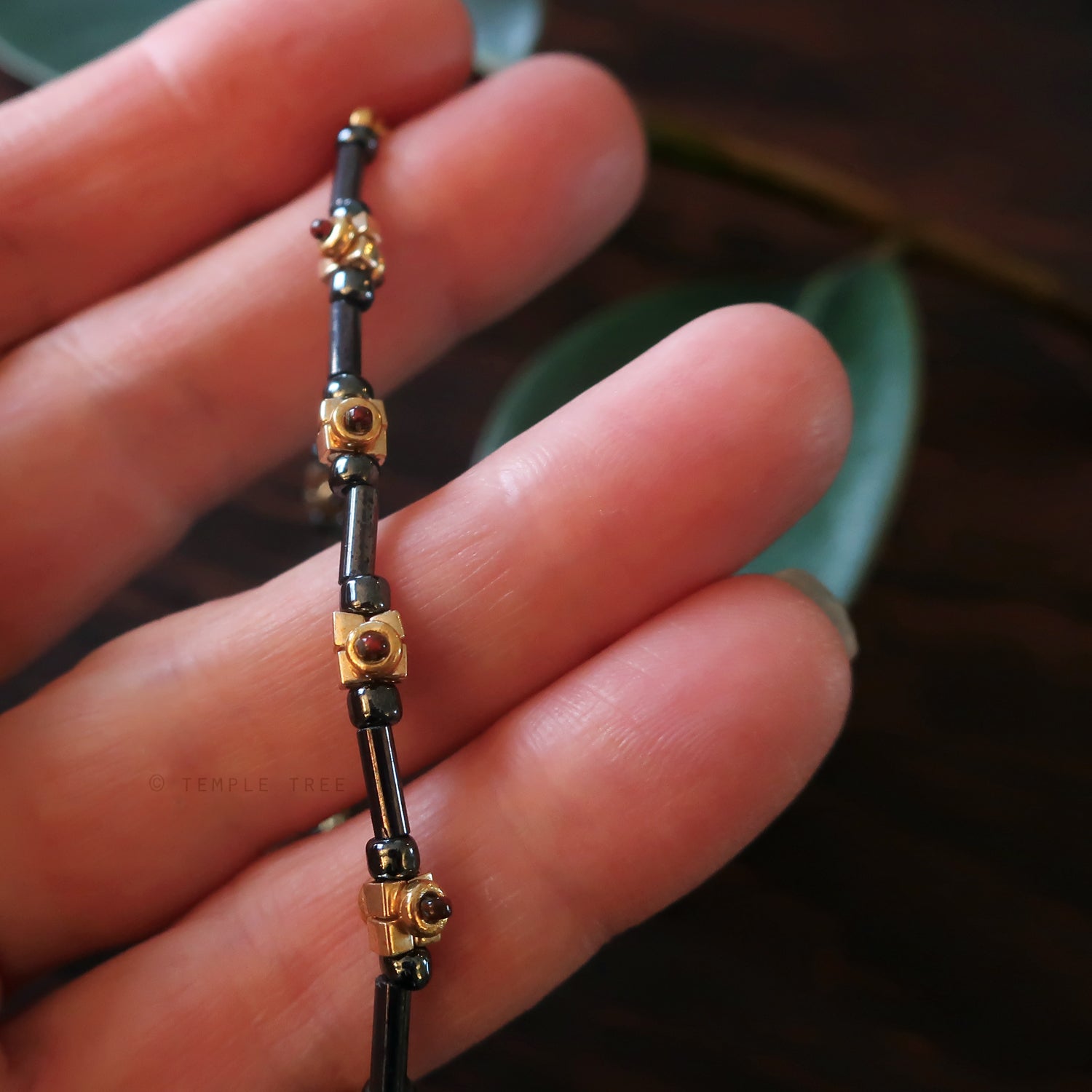 Temple Tree Lost Circuitry Beadwoven Bracelet v1 - Grey, Gold and Faux Bloodstone
