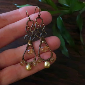 Temple Tree Pendulum Dangle Earrings in Bronze - Citrine