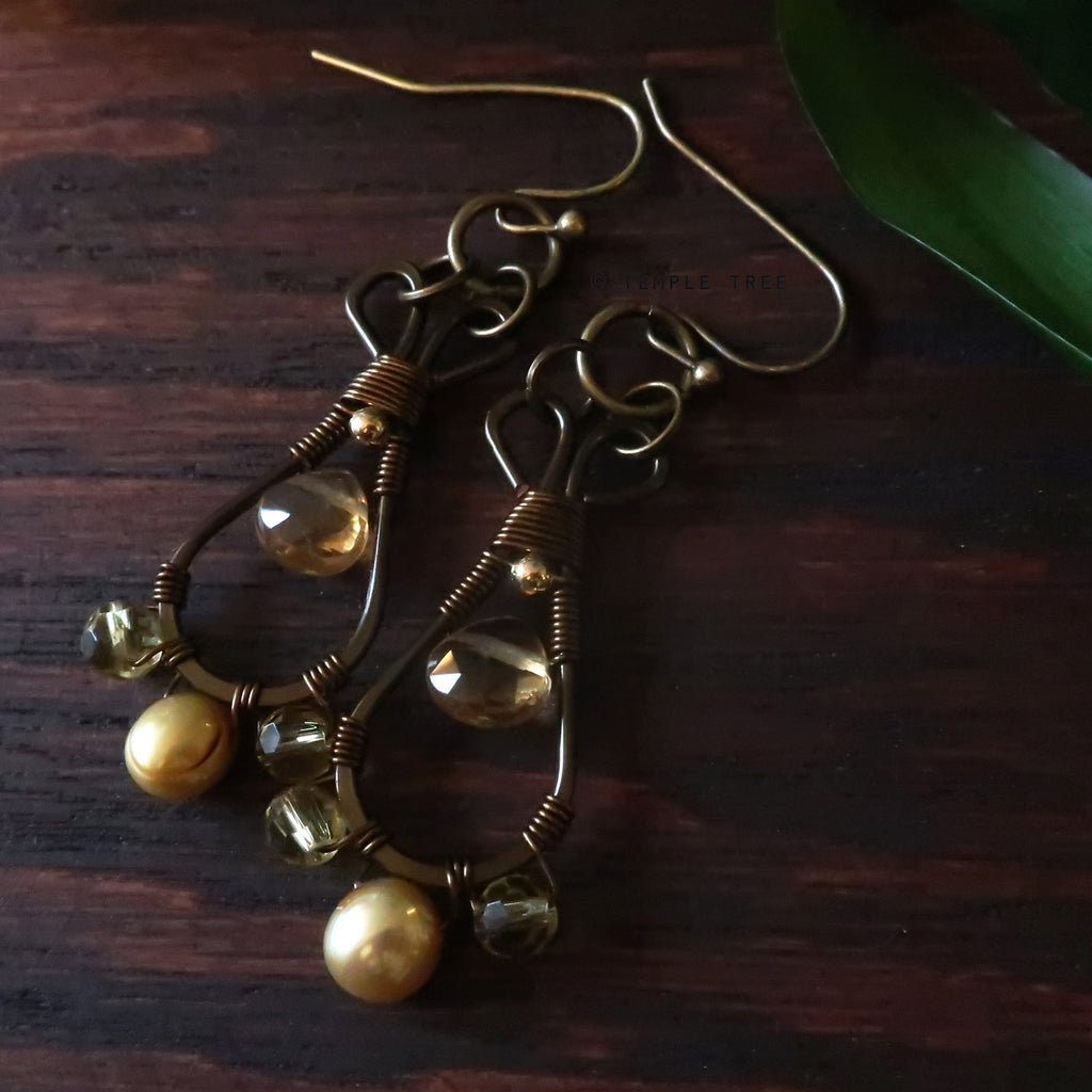 Temple Tree Pendulum Dangle Earrings in Bronze - Citrine