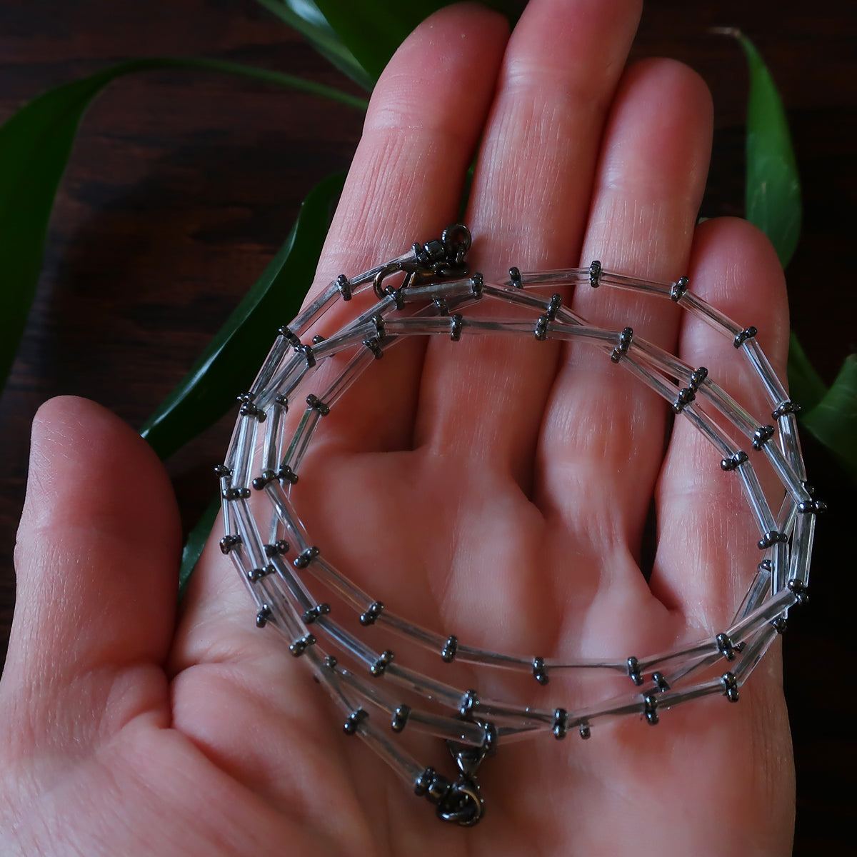 Temple Tree Bamboo Weave Thin Beaded Mask Lanyard - Crystal and Hematite