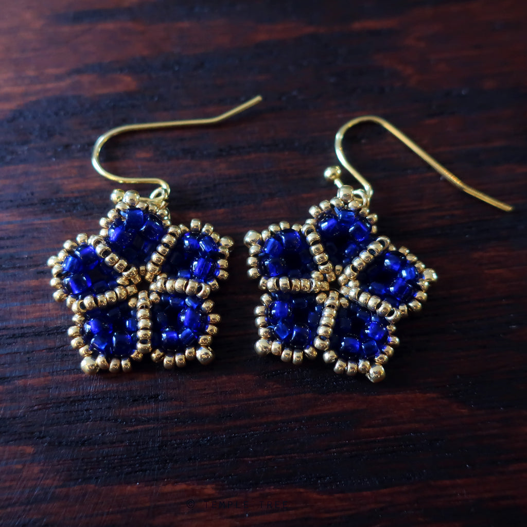 Temple Tree Mandala Flower Beaded Earrings - Cobalt and Gold