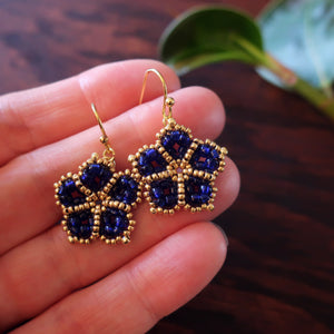 Temple Tree Mandala Flower Beaded Earrings - Cobalt and Gold