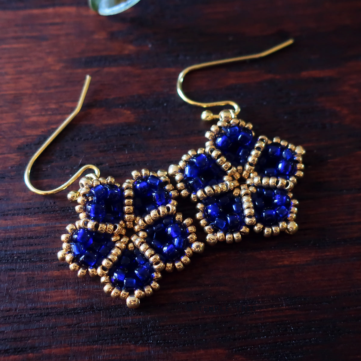 Temple Tree Mandala Flower Beaded Earrings - Cobalt and Gold